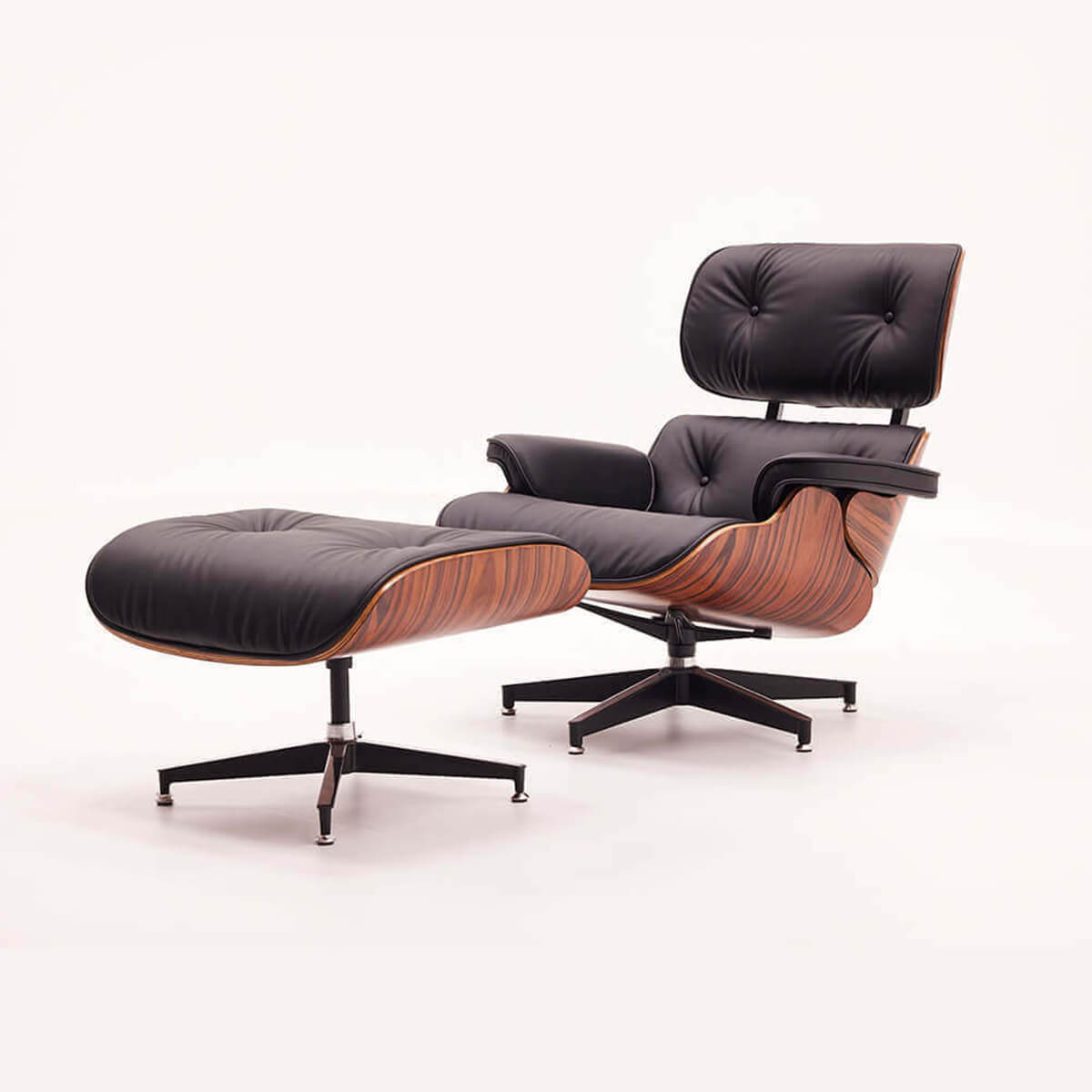 Eames Lounge Chair Replica with walnut veneer shell, black leather and matching ottoman