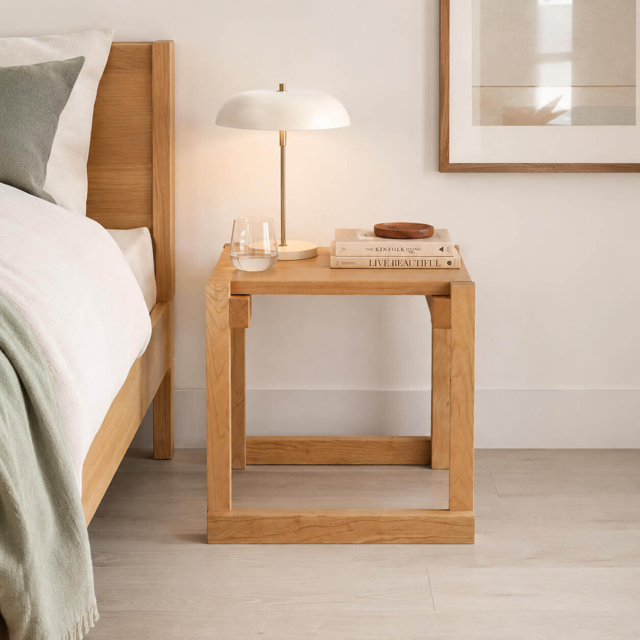 Edge Solid Cherry Stool used as a bedside table