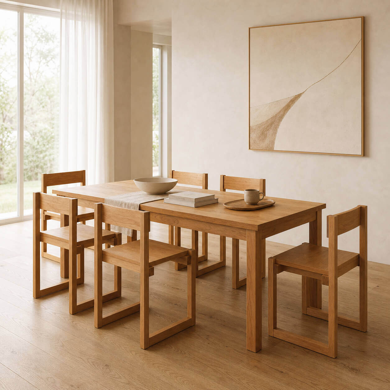 Edge Solid Cherry Classic Dining Table in a bright modern dining room with matching solid timber dining chairs
