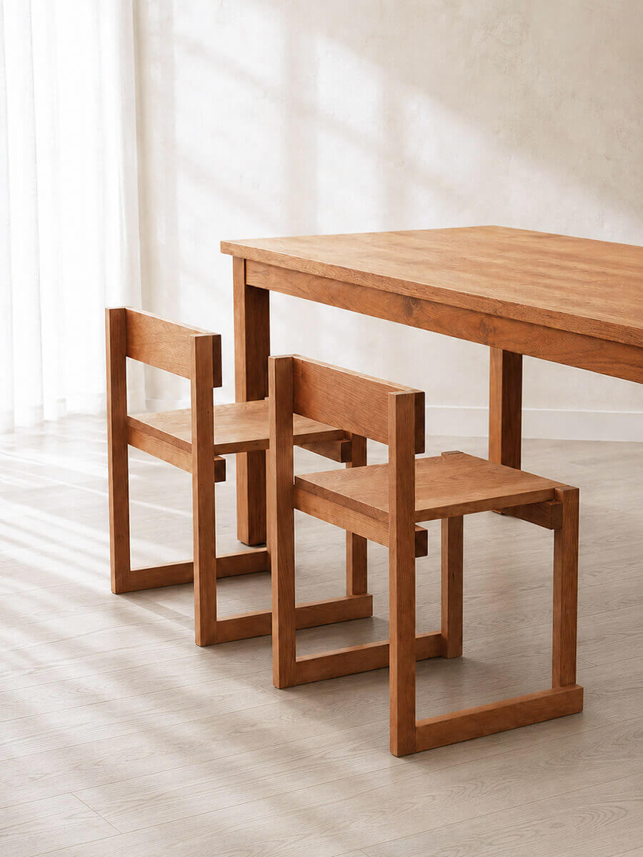 Angled view of the Edge Solid Cherry Dining Chair with matching dining table