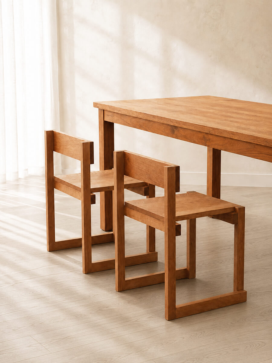 Angled view of the Edge Solid Cherry Dining Chair with matching dining table
