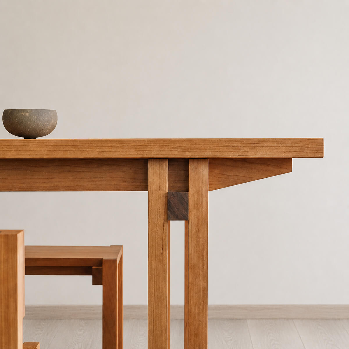 Close-up of the Edge Solid Cherry Dining Table apron and leg joinery