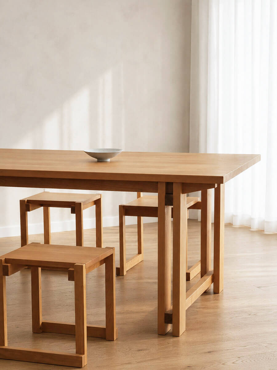 Edge Solid Cherry Dining Table with Edge Stools
