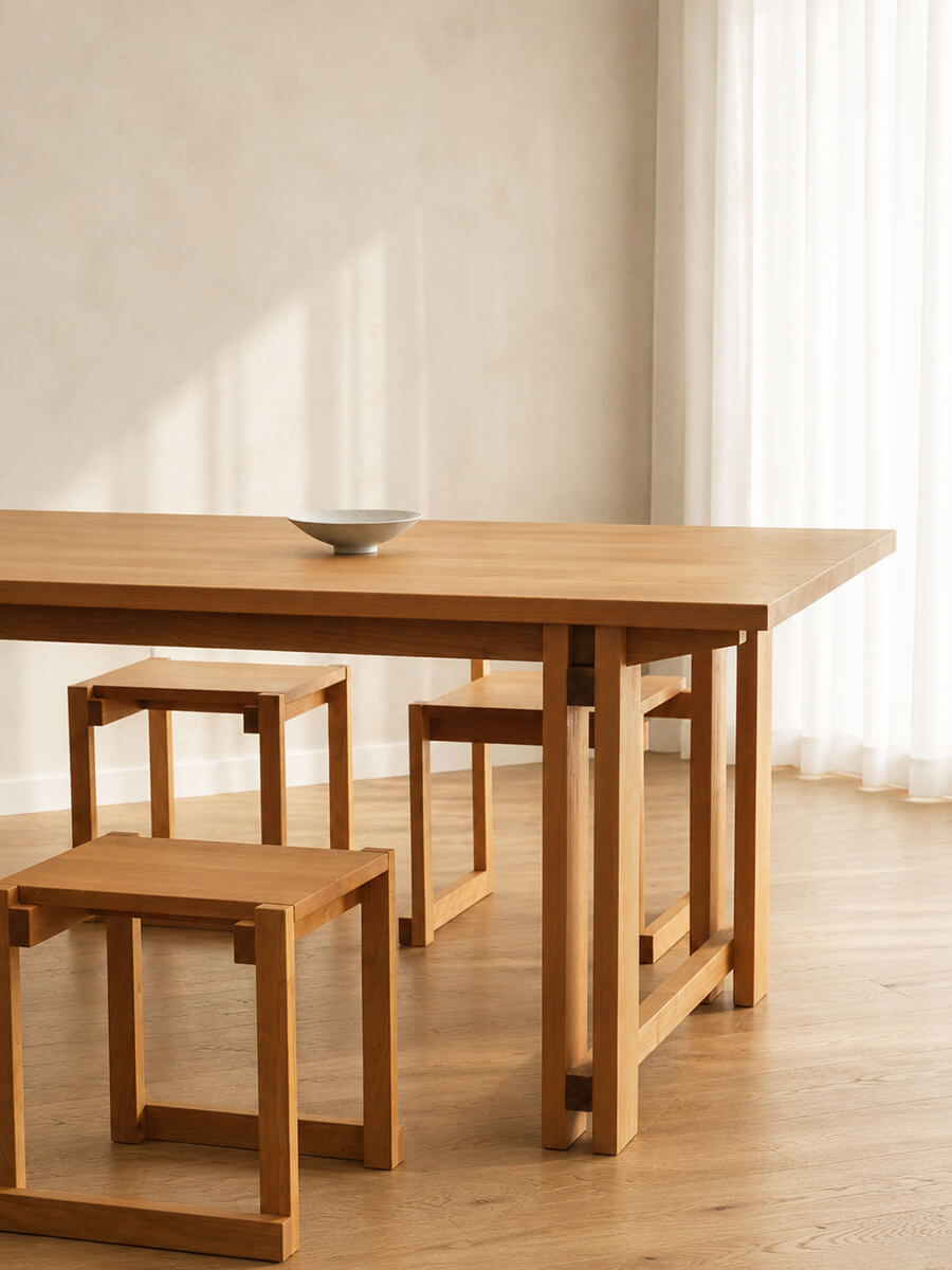 Edge Solid Cherry Dining Table with Edge Stools