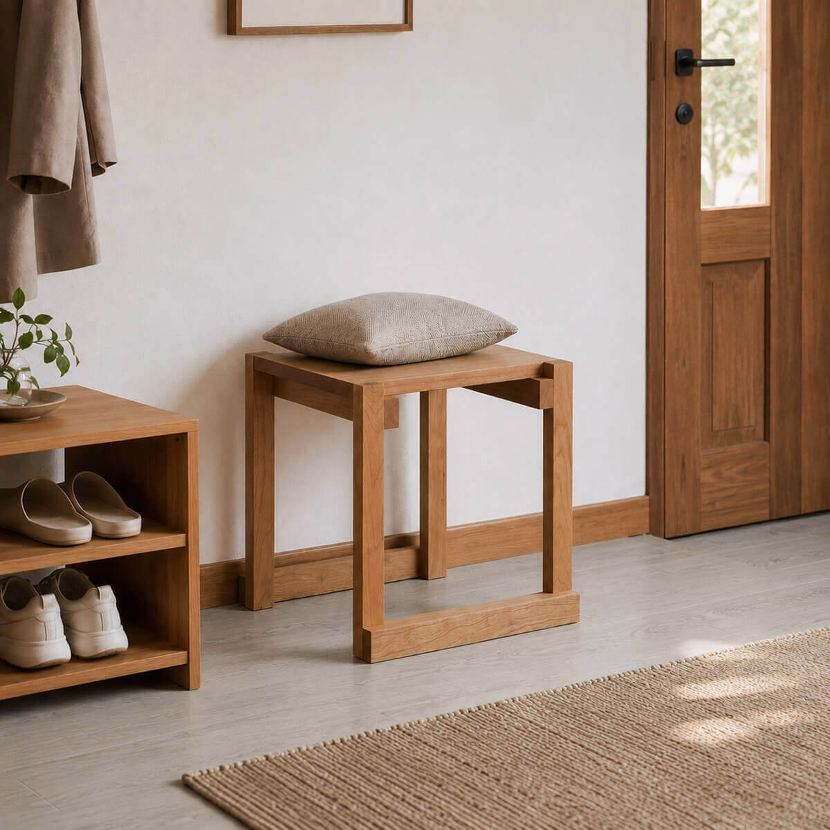 Edge Solid Cherry Stool used as an entryway shoe bench