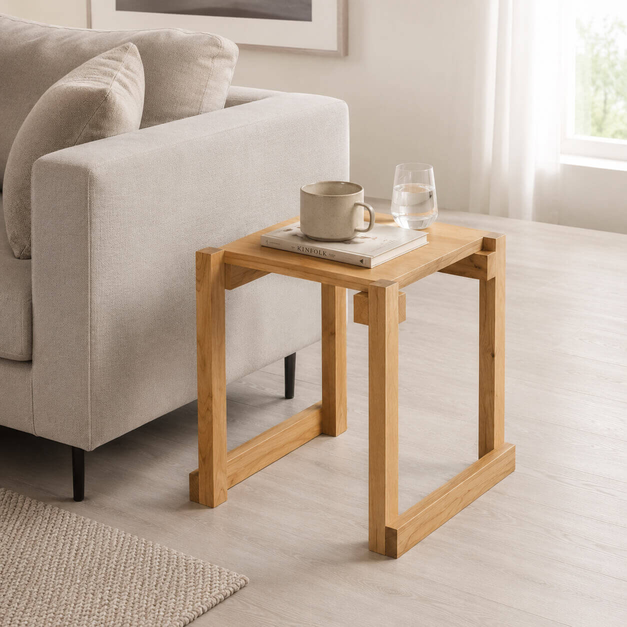 Edge Solid Cherry Stool used as a sofa side table