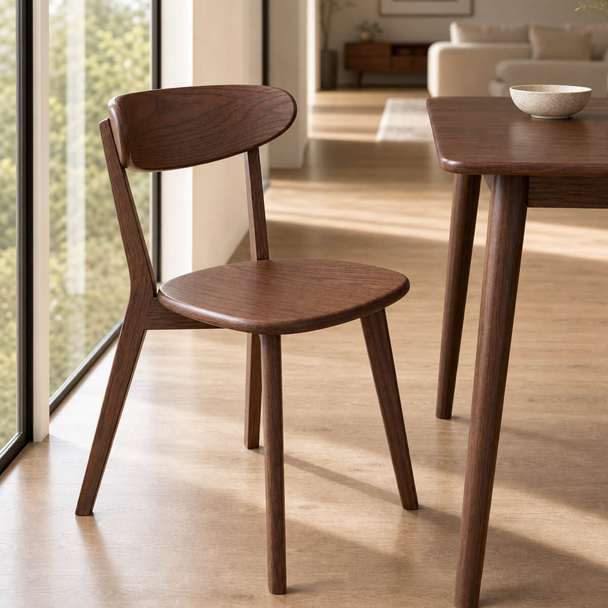 Edon dining chair in walnut finish beside dining table
