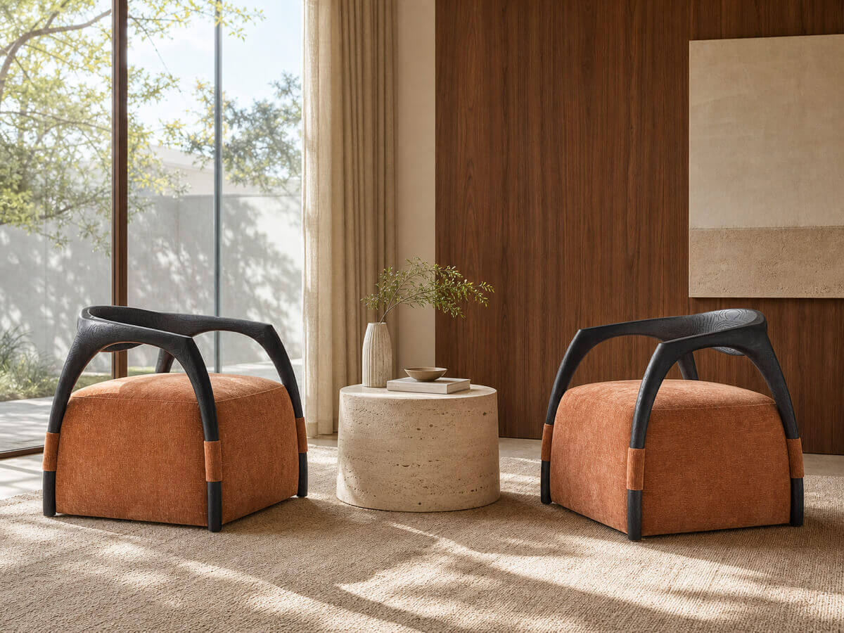 Pair of Eland Armchairs styled in a contemporary living space with natural light