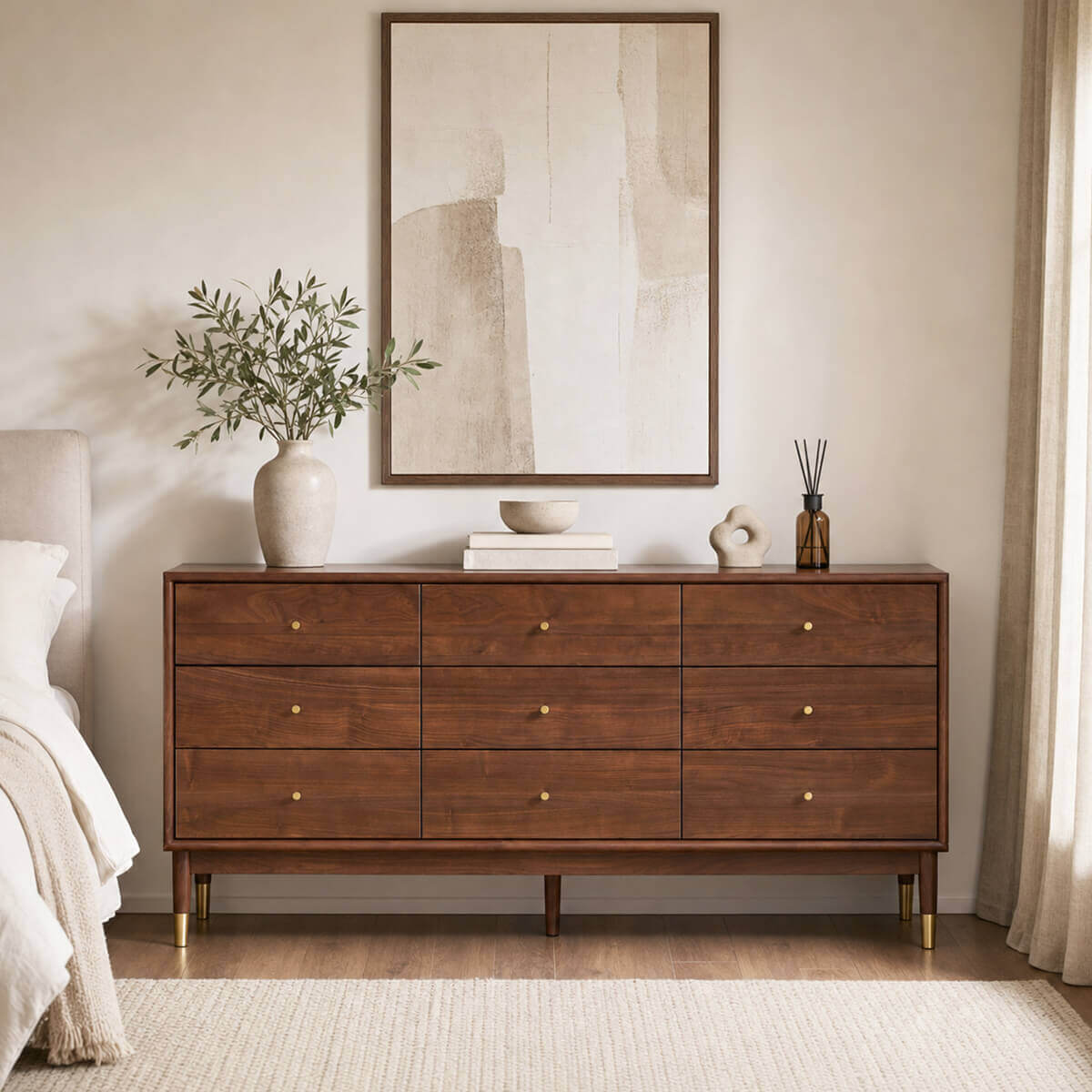 Elara Solid Walnut Chest of Drawers in a modern bedroom