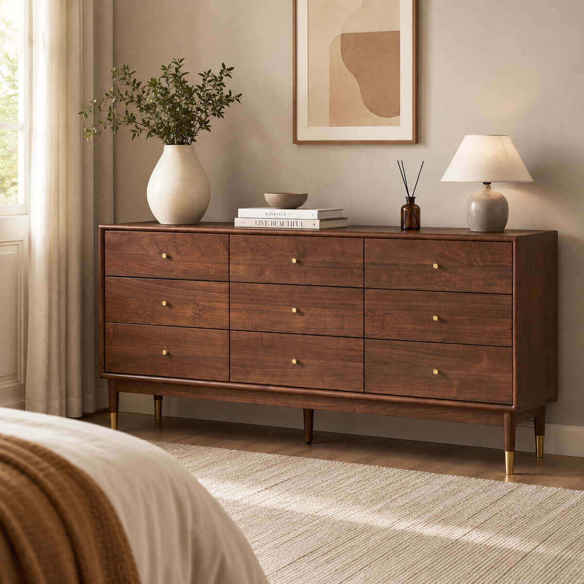 Elara Solid Walnut Chest of Drawers styled in a contemporary bedroom