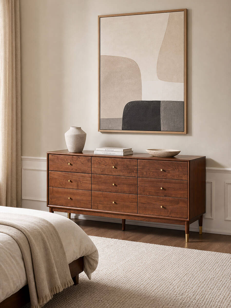 Elara Solid Walnut Chest of Drawers in a minimalist bedroom setting