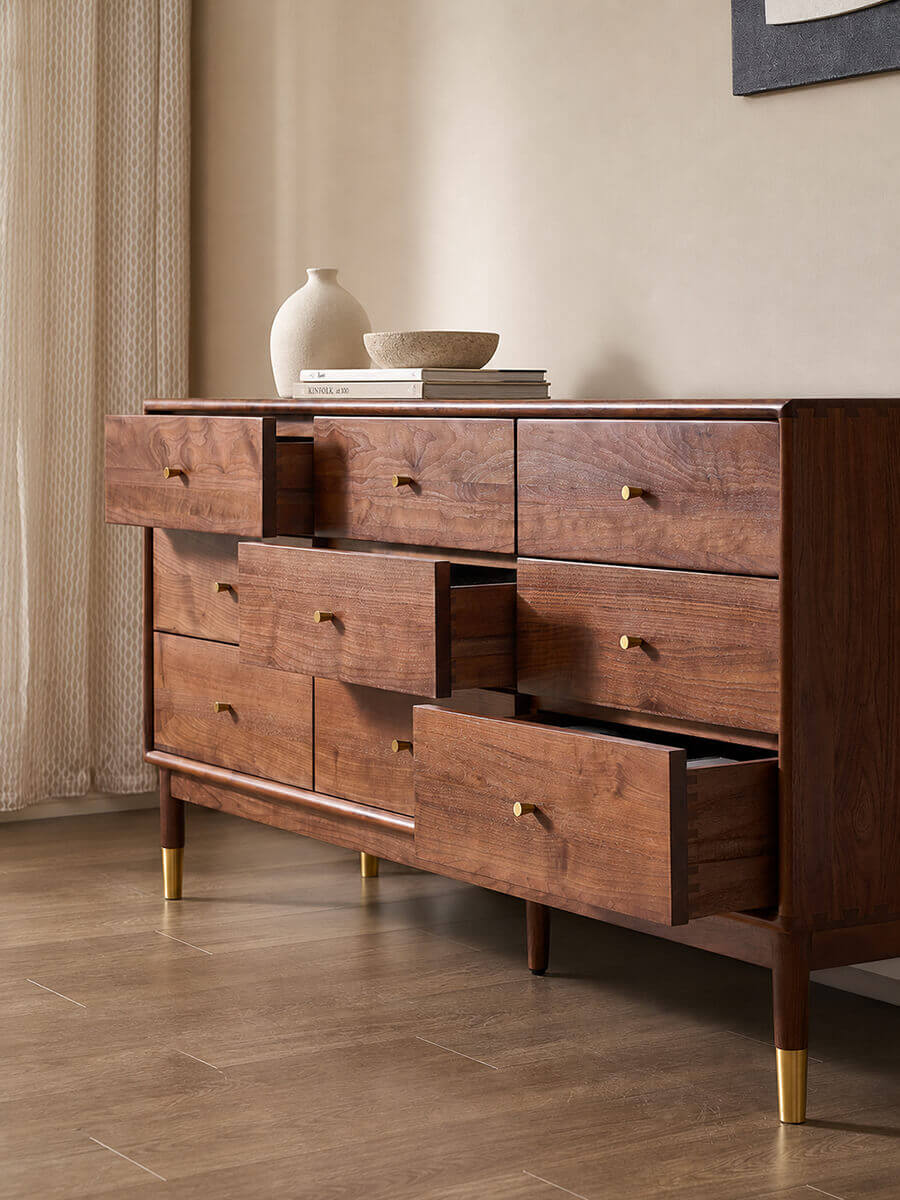 Soft-close drawers on the Elara Solid Walnut Chest of Drawers