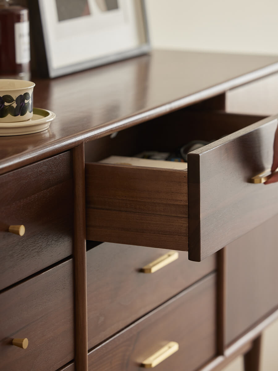 Elara Solid Walnut Sideboard showing drawer storage
