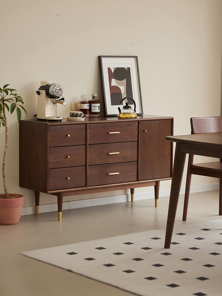 Elara Solid Walnut Sideboard with walnut finish and brass handles