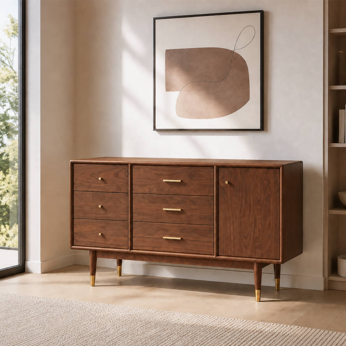 Elara Solid Walnut Sideboard in a neutral living room interior