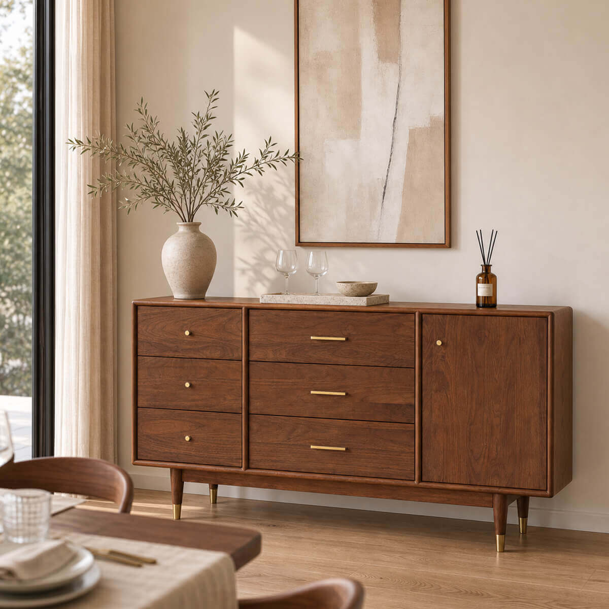 Elara Solid Walnut Sideboard in a contemporary living room