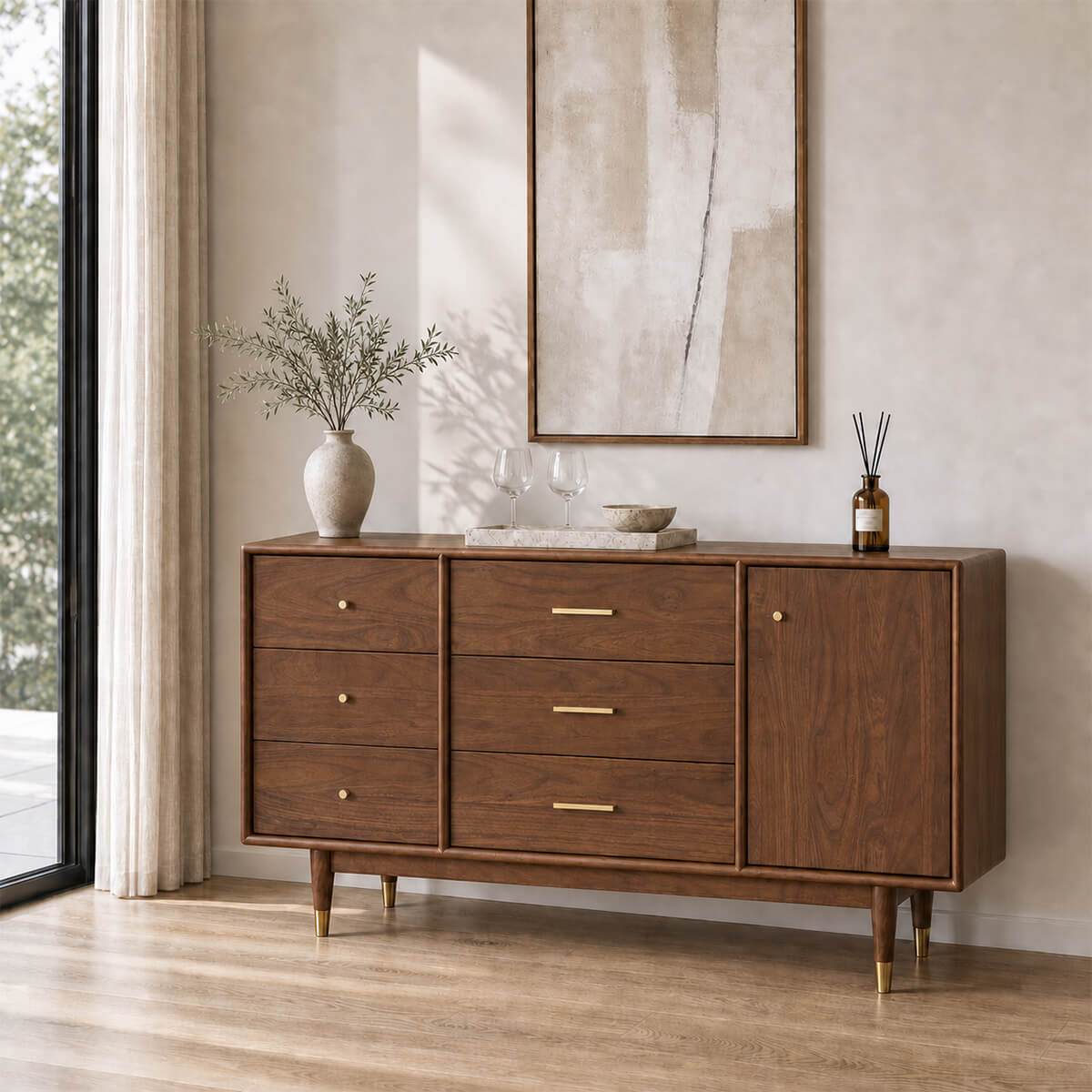 Elara Solid Walnut Sideboard in a contemporary living room
