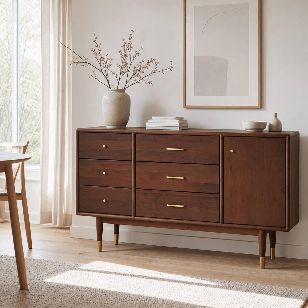 Elara Solid Walnut Sideboard in a contemporary living room