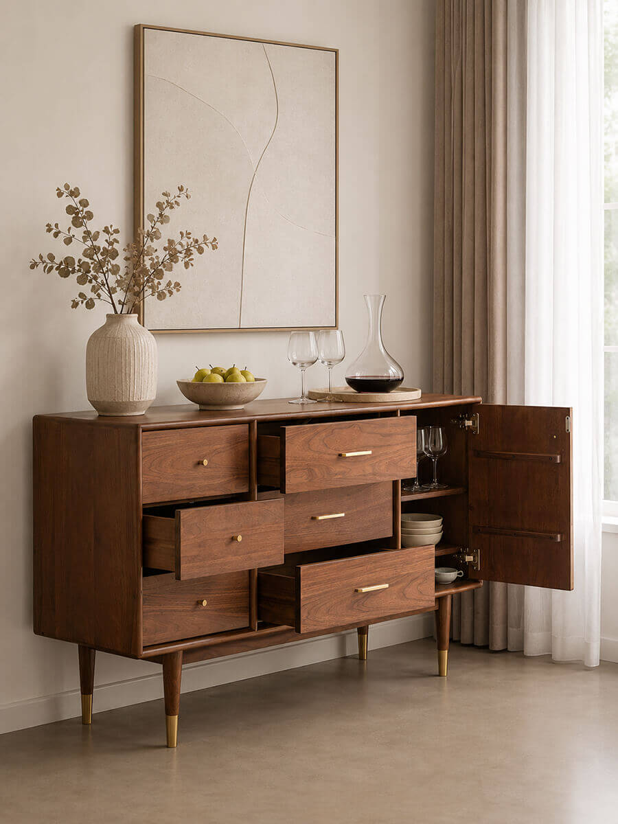 Elara Solid Walnut Sideboard with cabinet doors open