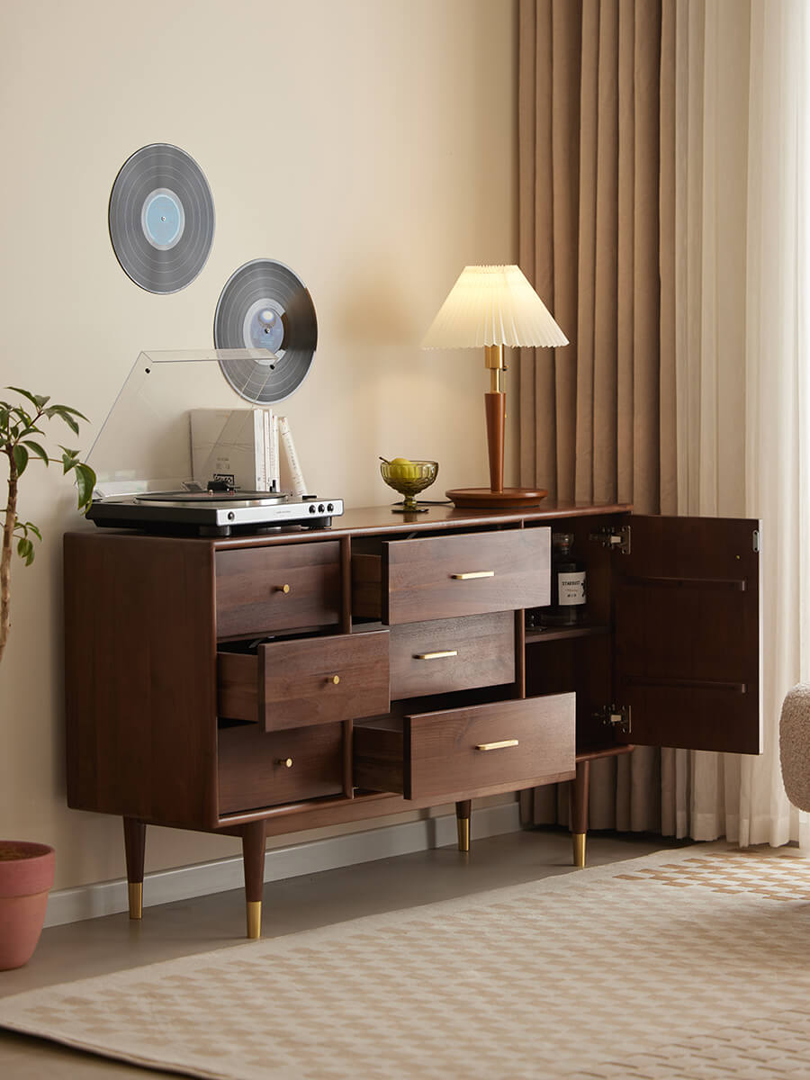 Elara Solid Walnut Sideboard with cabinet doors open