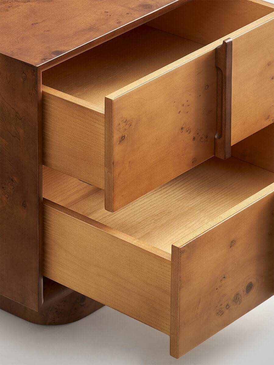 Open drawers of the Elmora bedside table