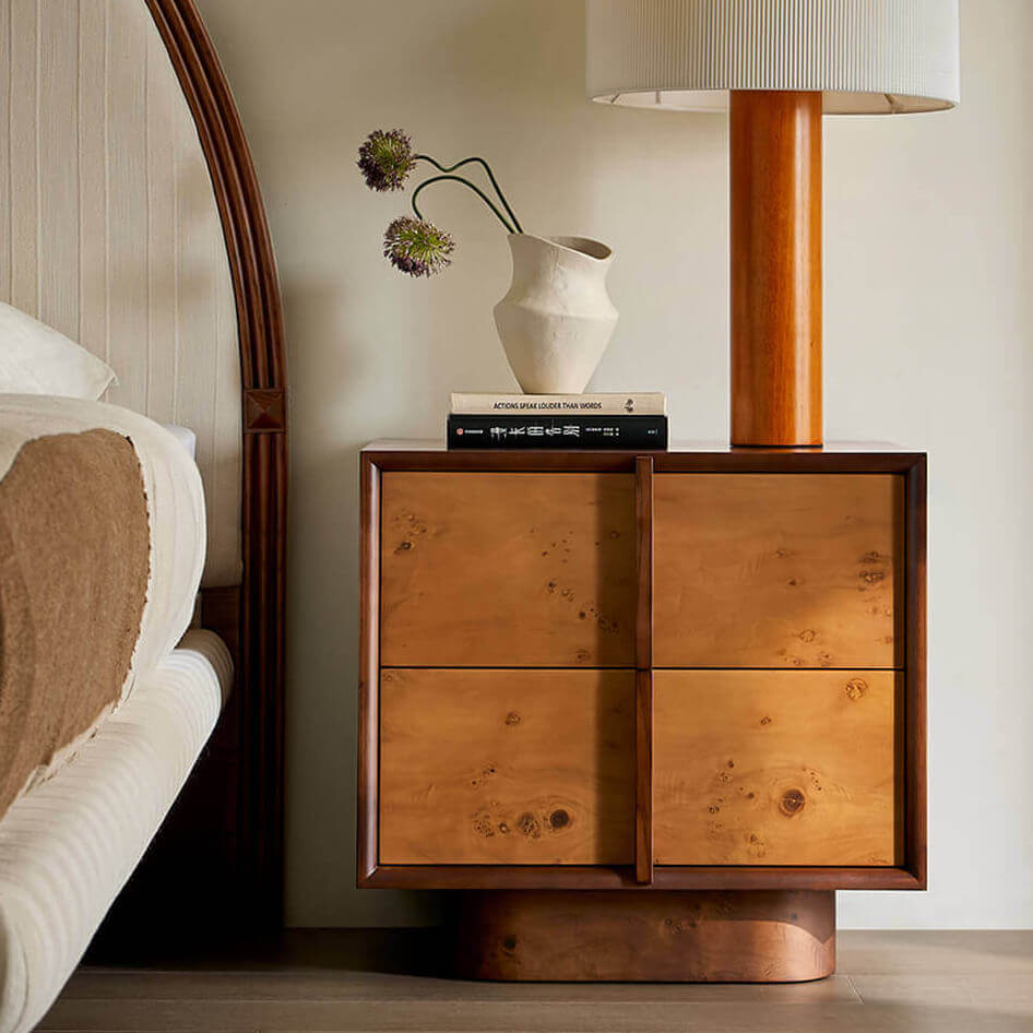 Elmora bedside table with natural burl veneer