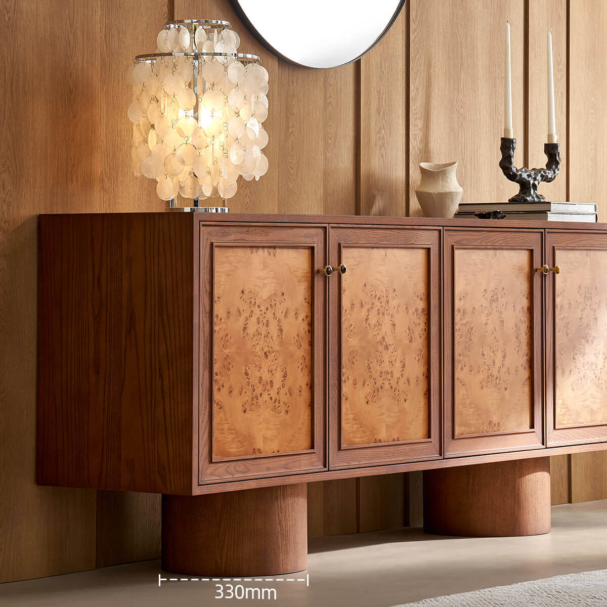 Elmora Sideboard angled view highlighting burl wood doors