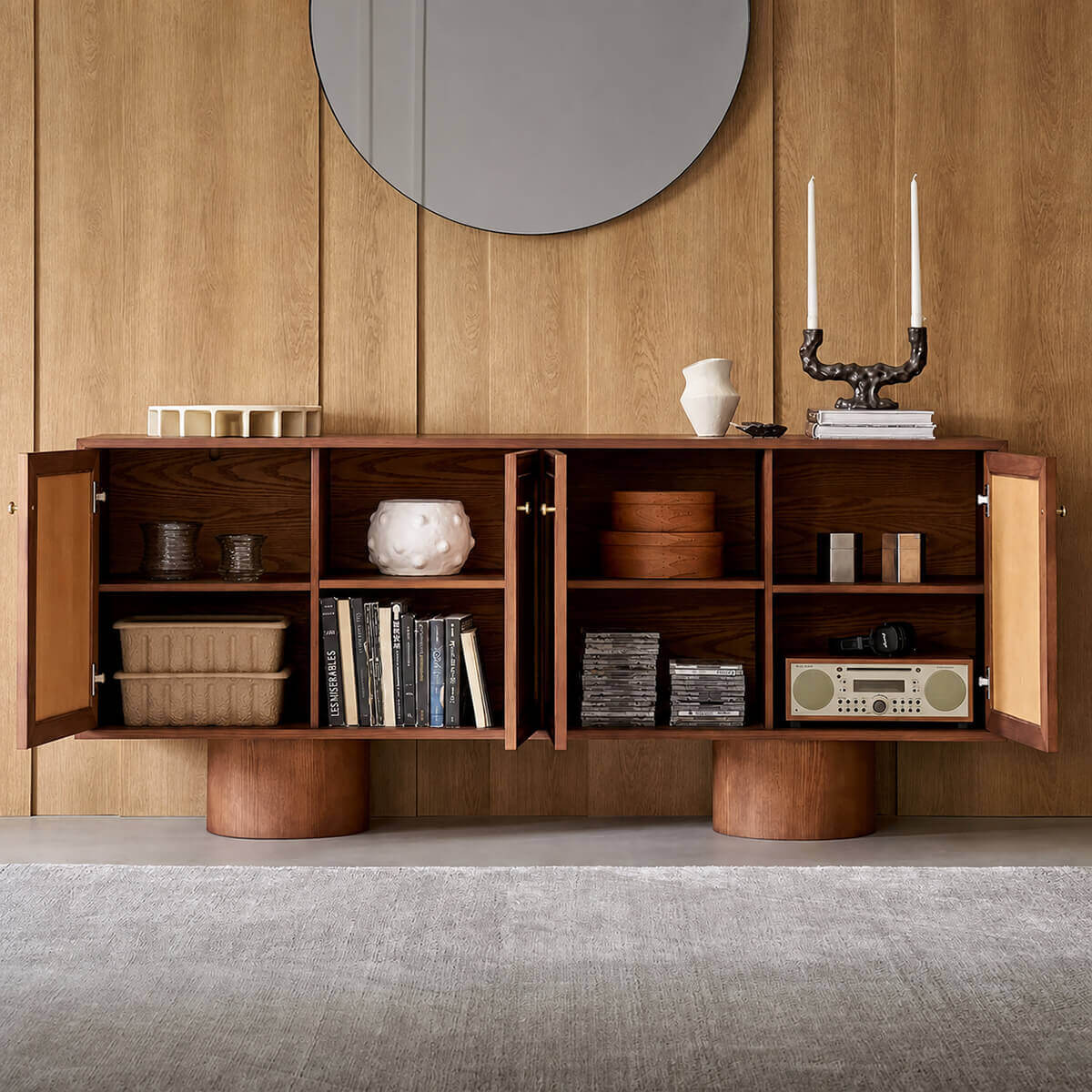 Elmora Sideboard showing internal shelving and storage compartments