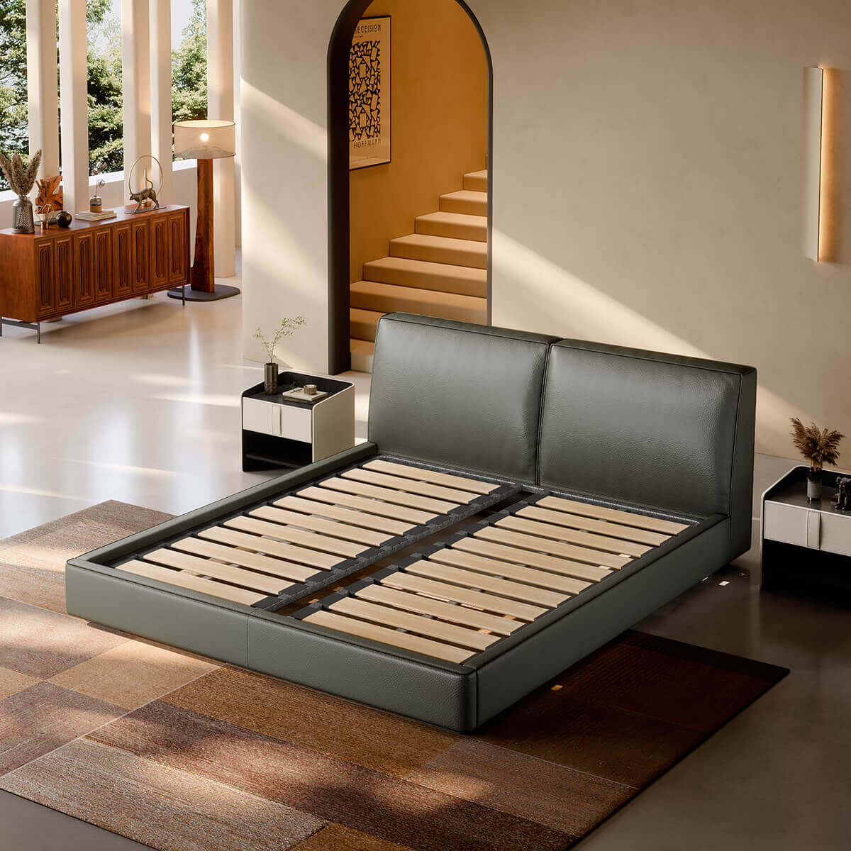 Elven Leather Bed Frame with larch wood slat system