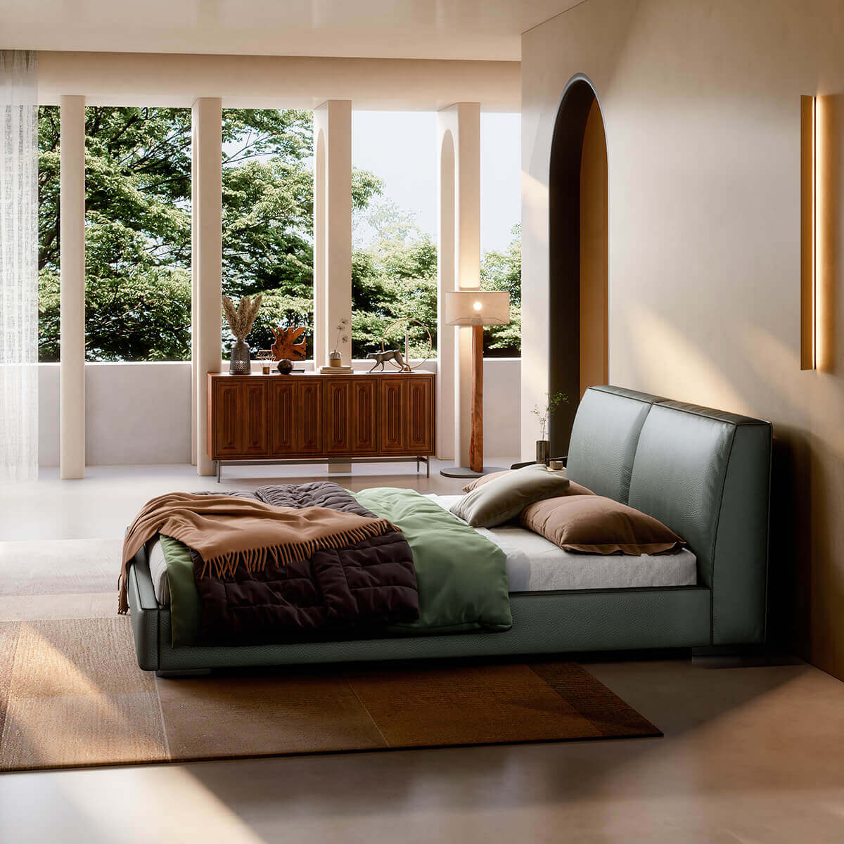 Elven Leather Bed Frame side view showing the padded headboard and low frame