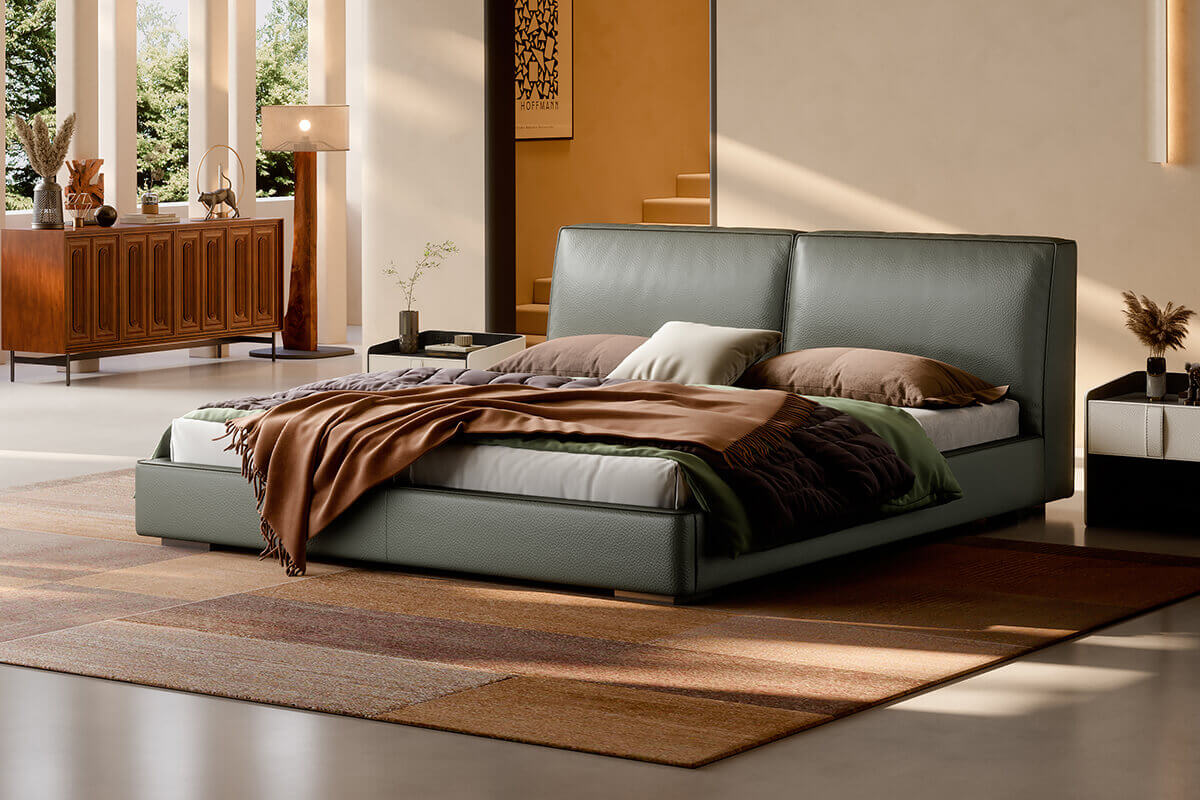 Elven Top-Grain Leather Bed Frame in a bedroom setting
