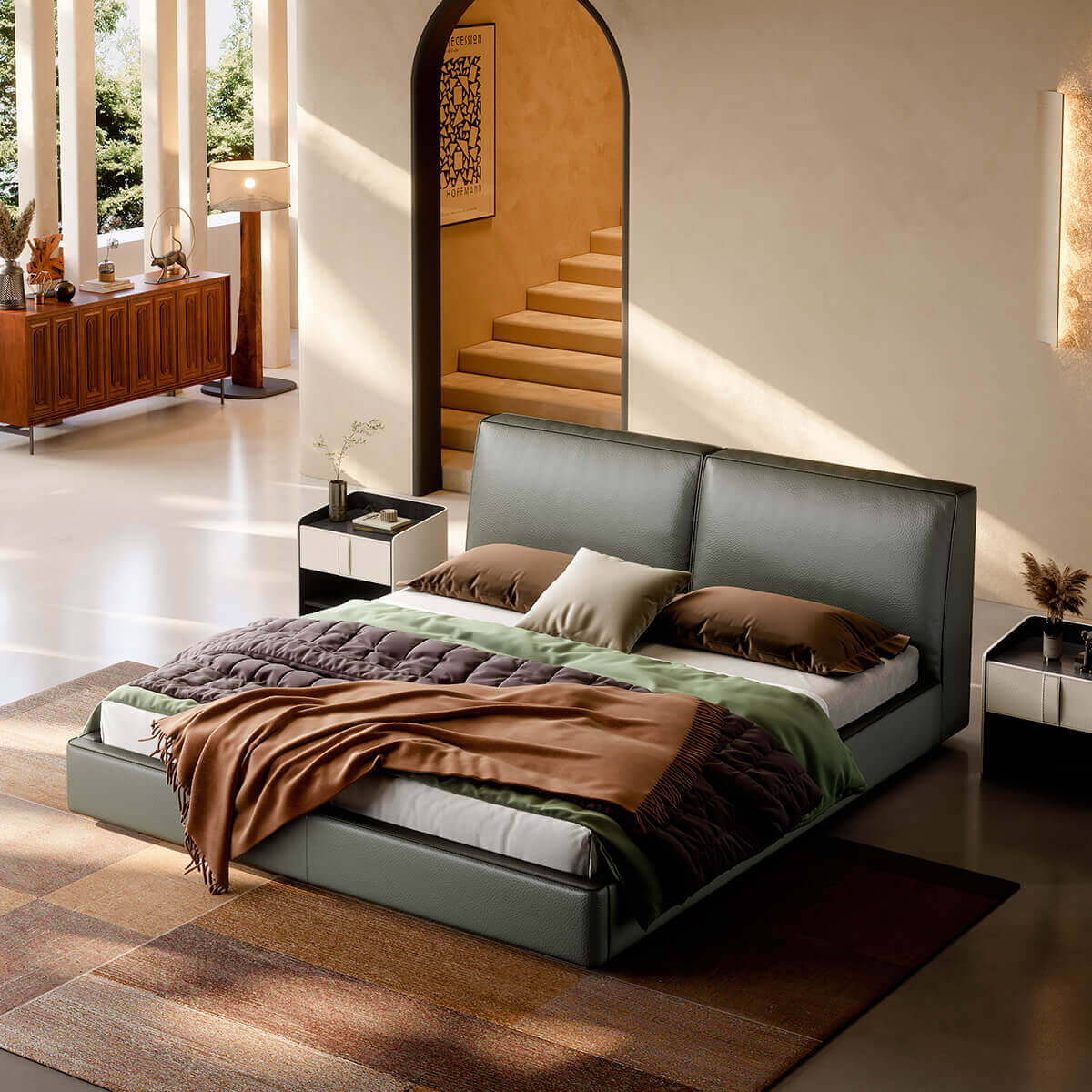 Elven Top-Grain Leather Bed Frame angled view with piped headboard edges