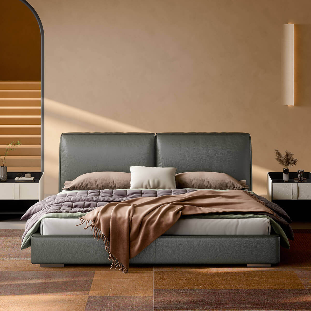 Elven Top-Grain Leather Bed Frame front view with dual-cushion headboard