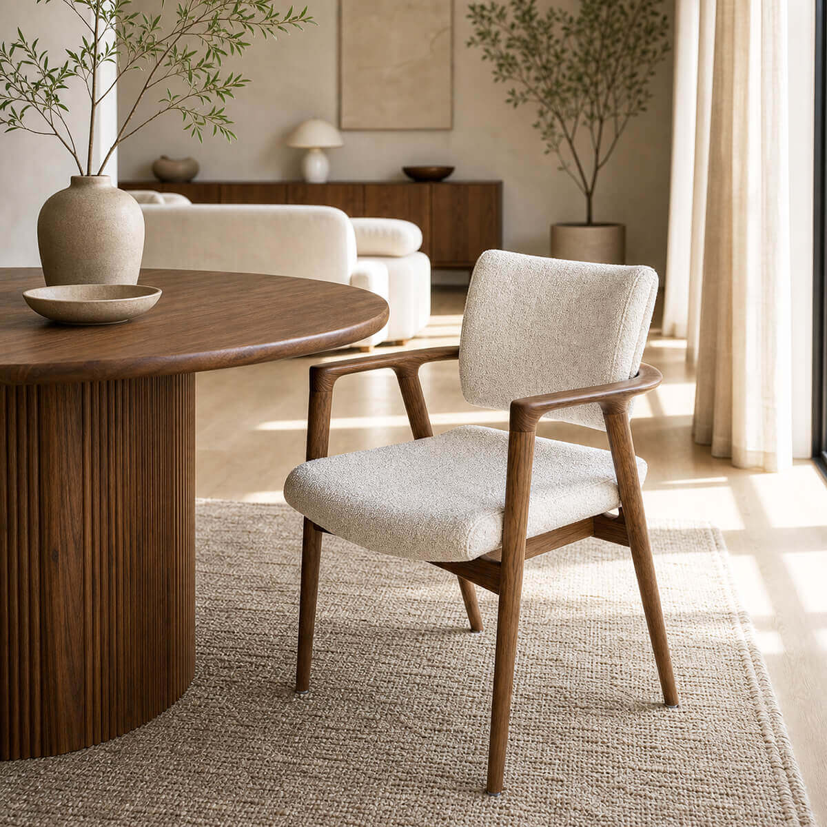 Emerson dining chair with upholstered seat and curved timber arms beside a timber dining table