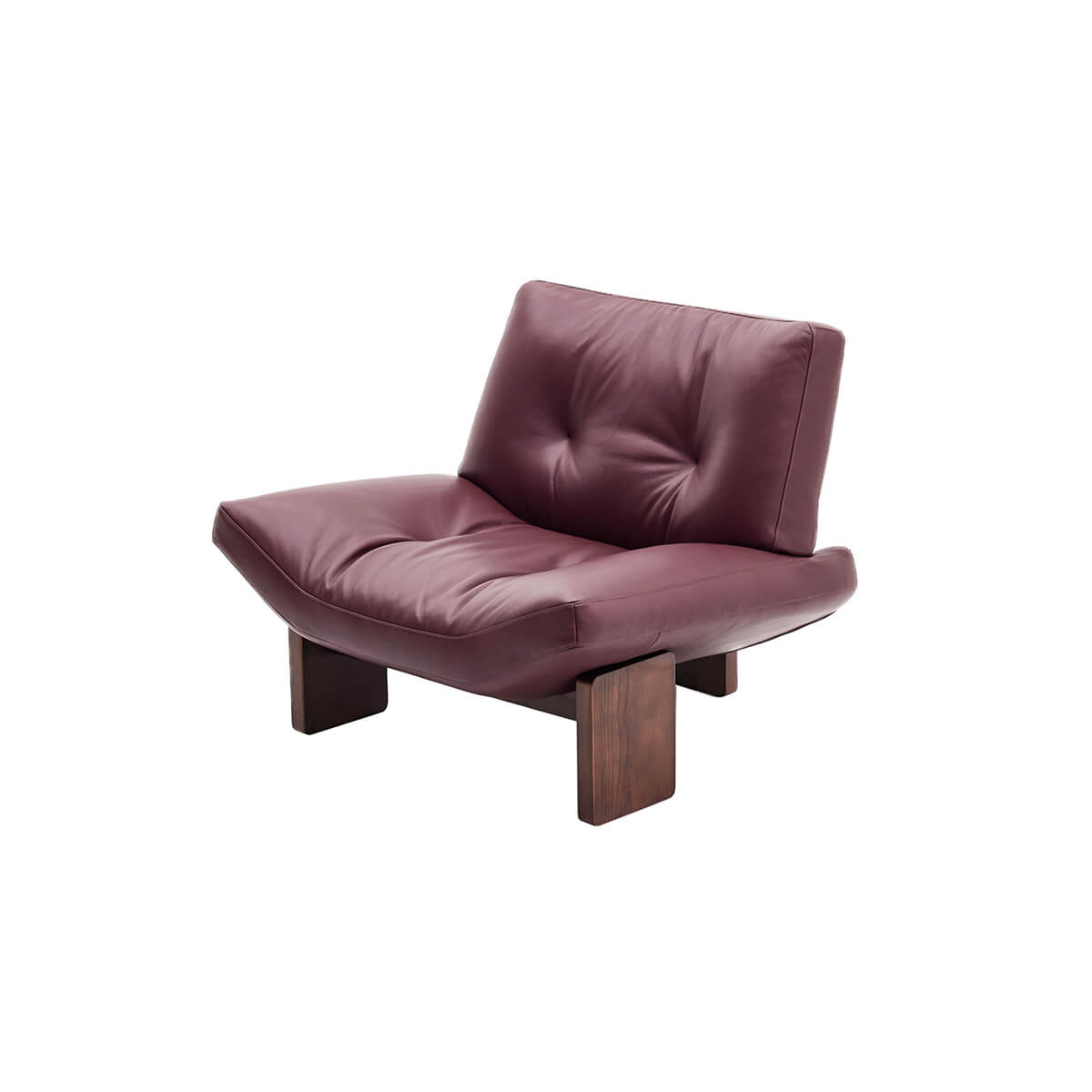 Emmi leather armchair three-quarter view with low-profile seat