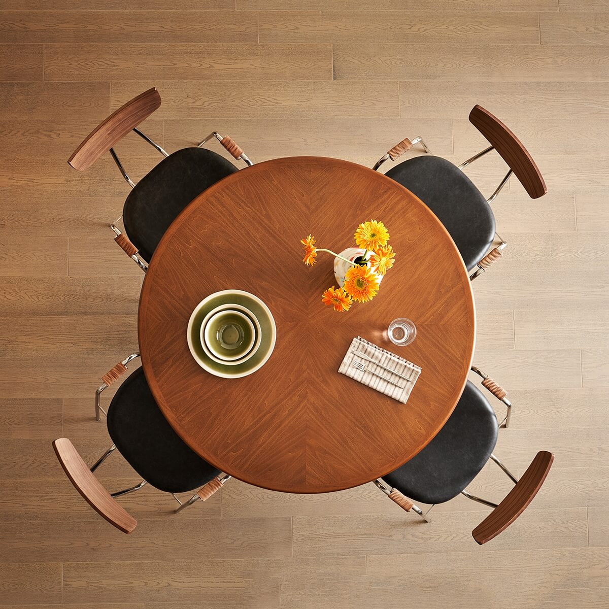 Top view of Evanston round dining table boxwood veneer tabletop