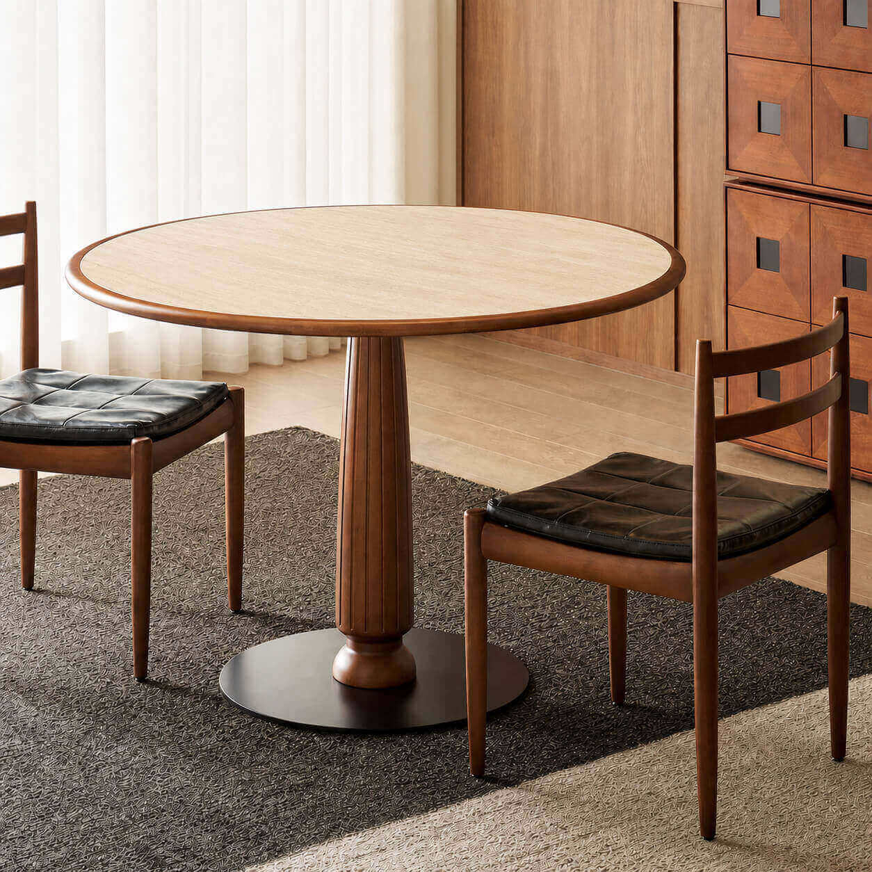 Evanston round dining table in oak finish with matching dining chairs