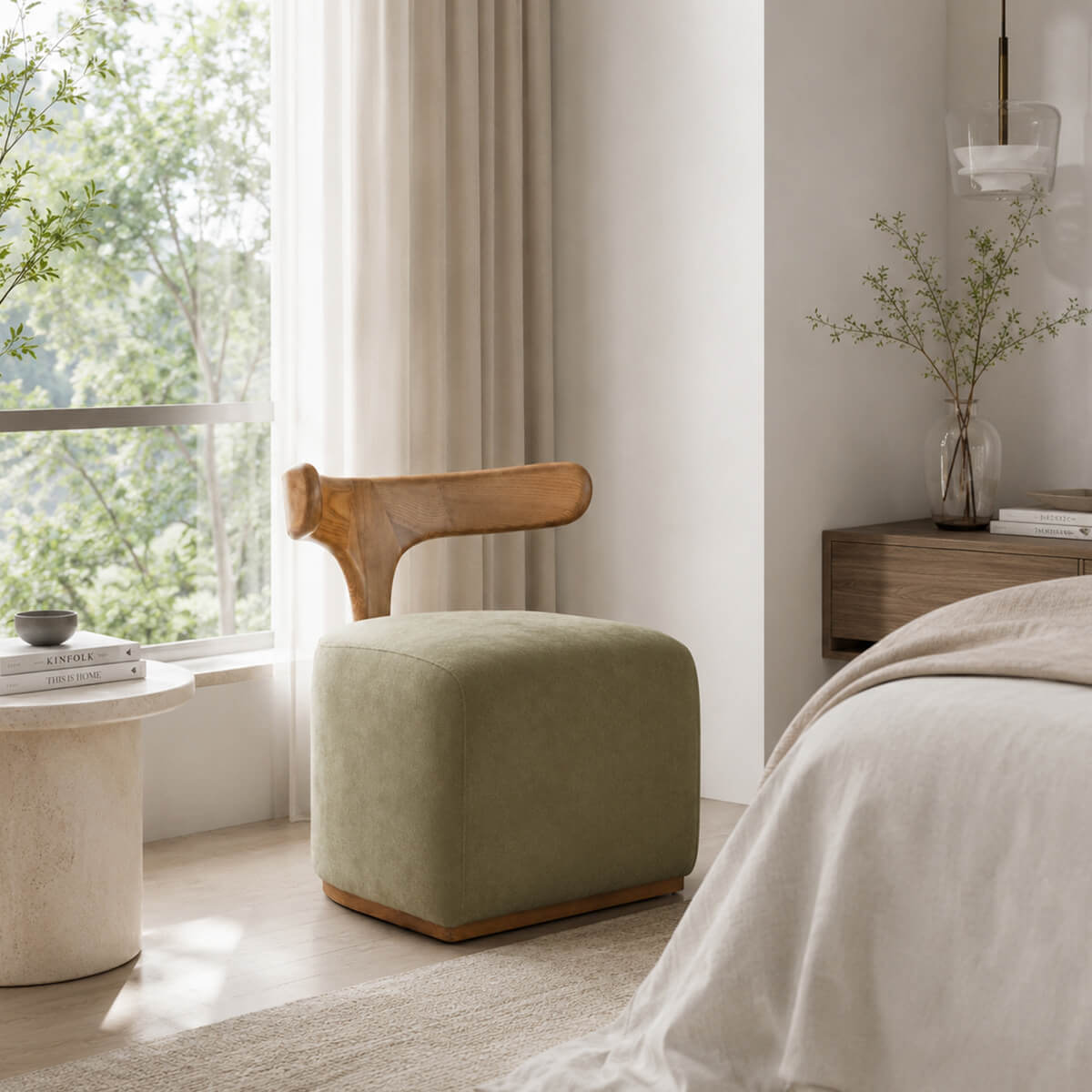 Falun designer stool beside a bedroom window as a modern accent chair