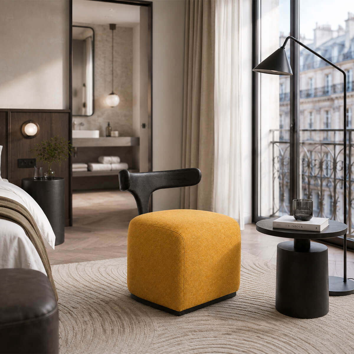 Falun designer stools in a boutique hotel lounge with a modern stone coffee table