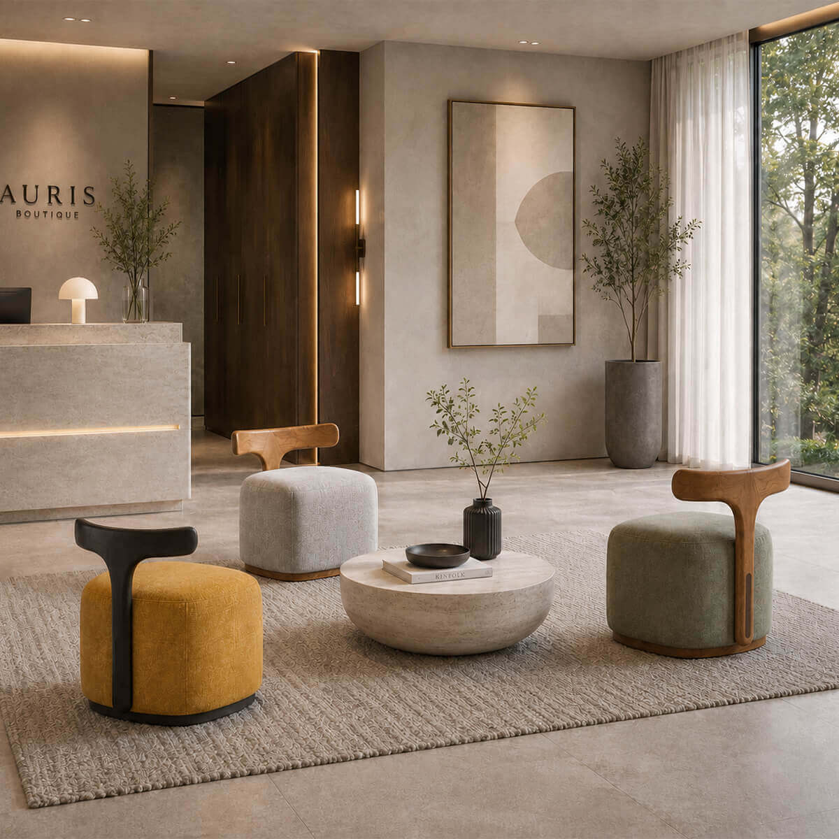 Falun designer stools creating a contemporary reception waiting area with a round stone coffee table