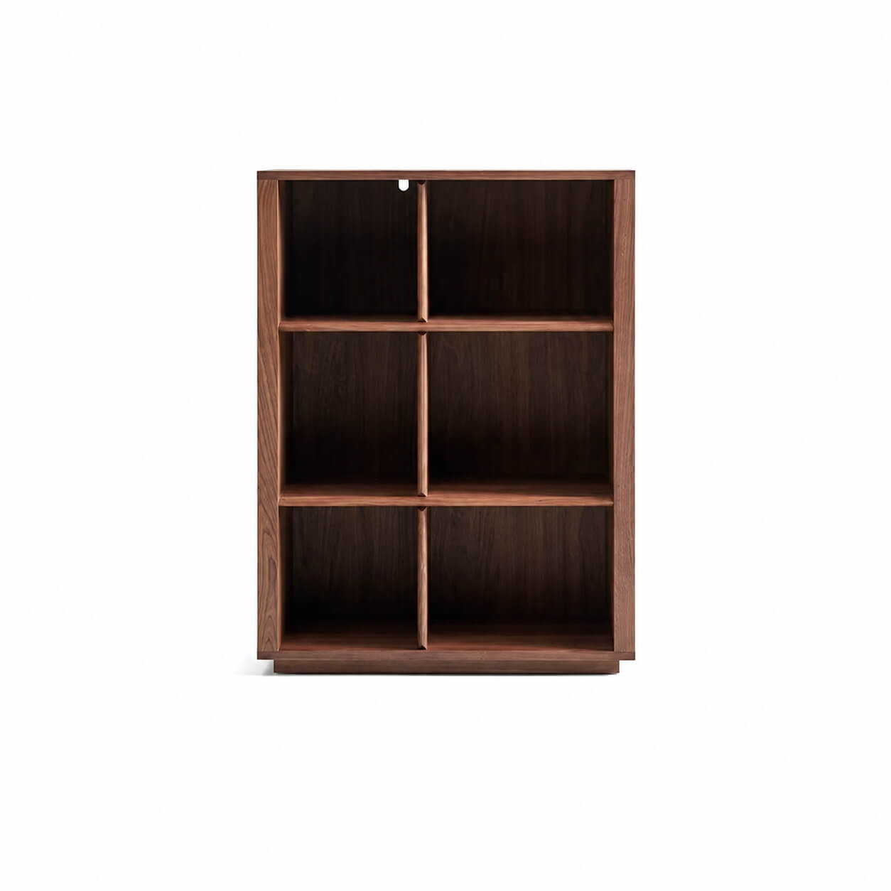 Feda Walnut Bookcase front view with open storage compartments