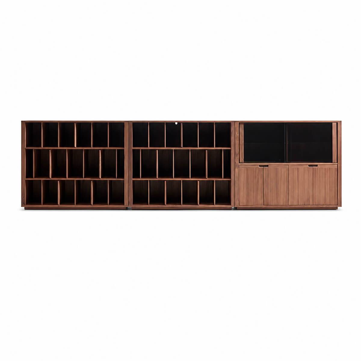 Feda Walnut bookcases combined with Feda Glass Door Cabinet