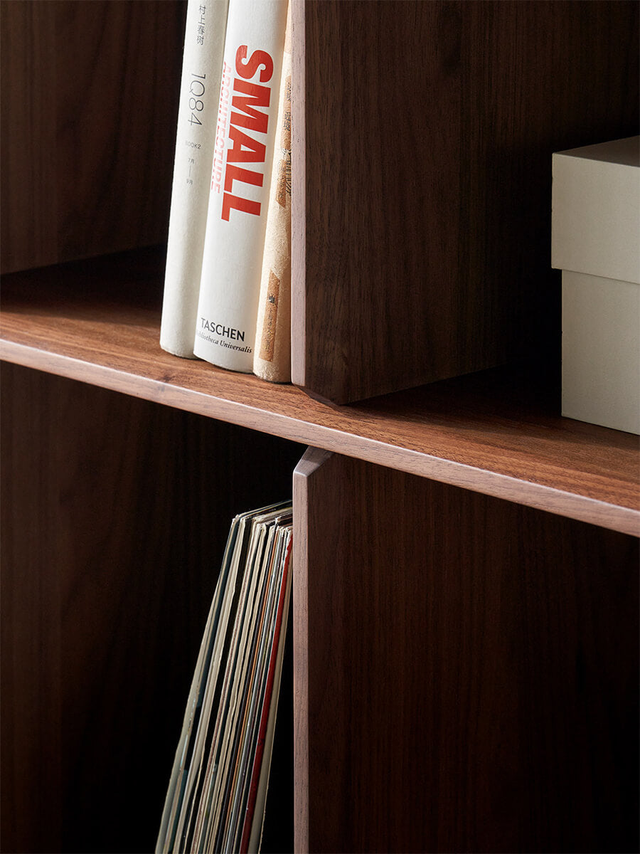 Feda Walnut Bookcase open storage compartment detail