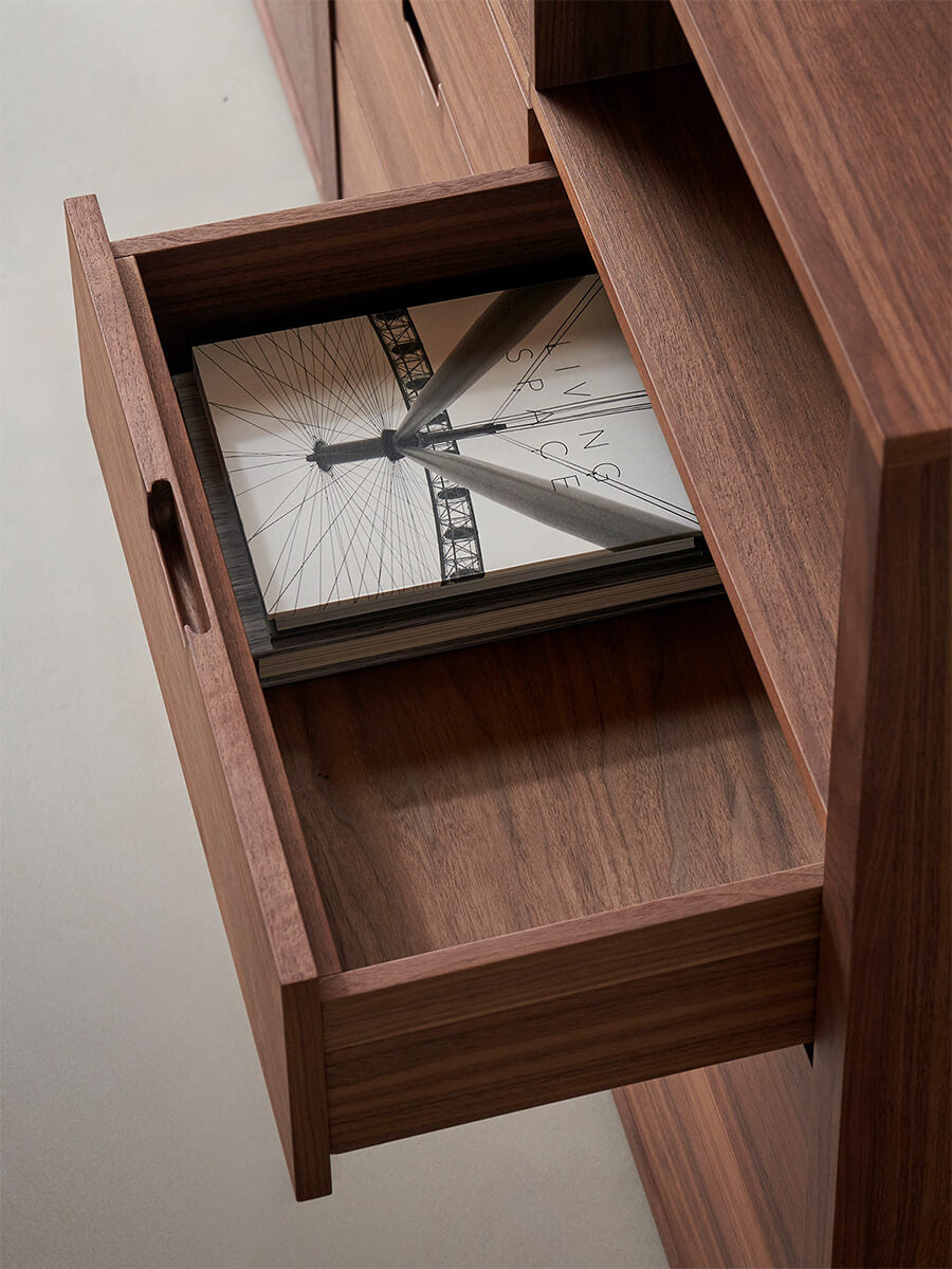 Feda Walnut Drawer Cabinet drawer interior and storage detail