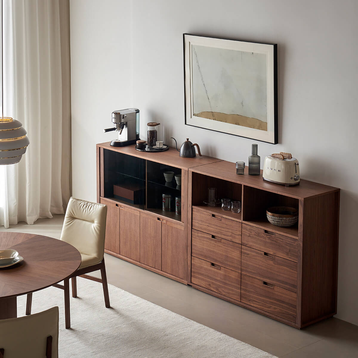 Feda Walnut Drawer Cabinet with matching Feda storage cabinet in living room