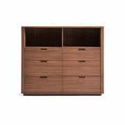 Feda Walnut Drawer Cabinet front view with six drawers and two open shelves
