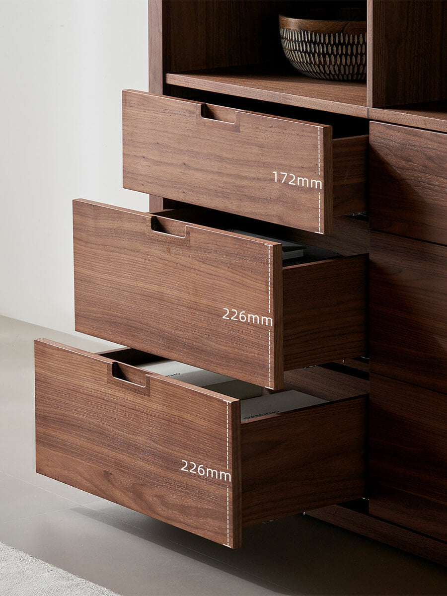 Feda Walnut Drawer Cabinet with drawers open showing storage depth