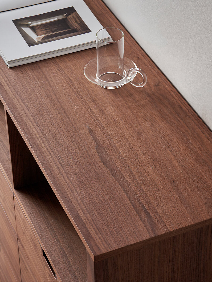 Feda Walnut Drawer Cabinet top surface and walnut grain detail