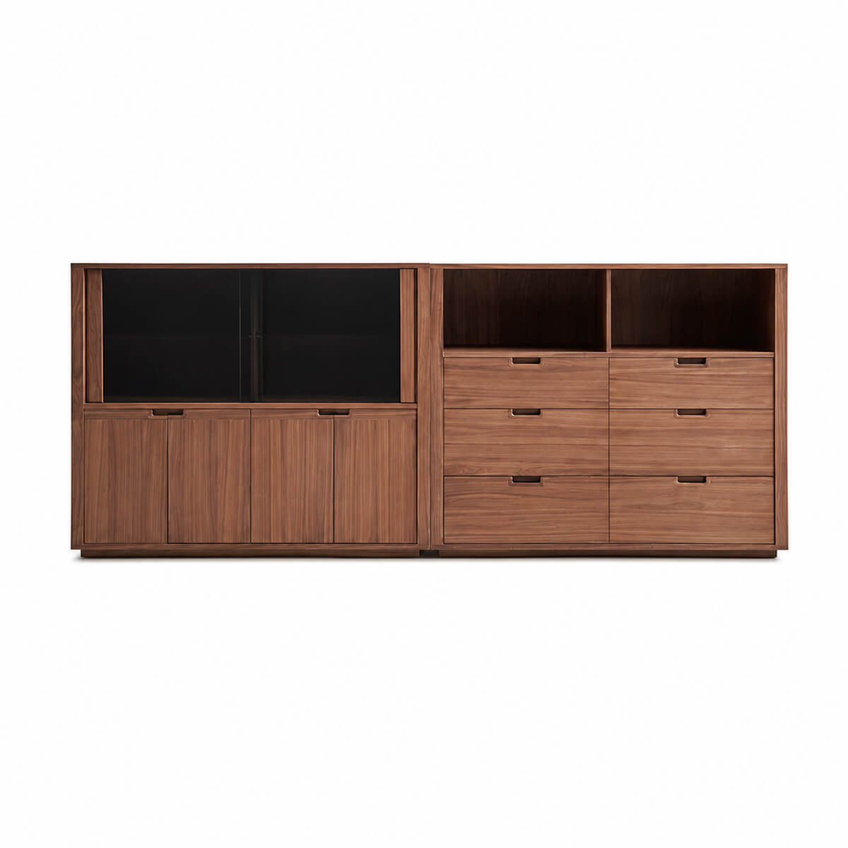 Feda Walnut Drawer Cabinet paired with Feda Glass Door Cabinet