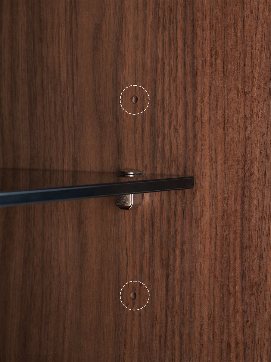Feda Walnut Glass Door Cabinet adjustable shelf detail